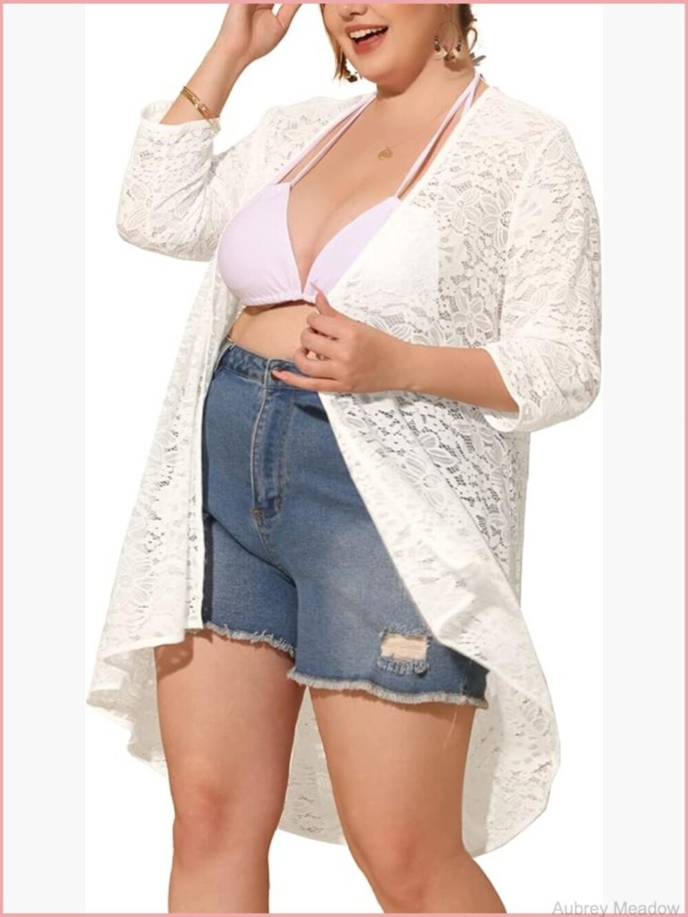 Plus Size Lace Open Front 3/4 Sleeve Cardigan
